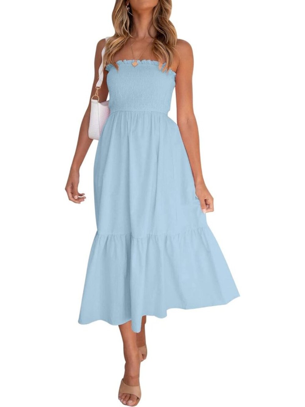 Women's Solid Blue Summer Boho Strapless Maxi Off Shoulder Smocked Flowy Dress